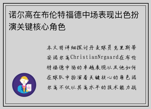 诺尔高在布伦特福德中场表现出色扮演关键核心角色